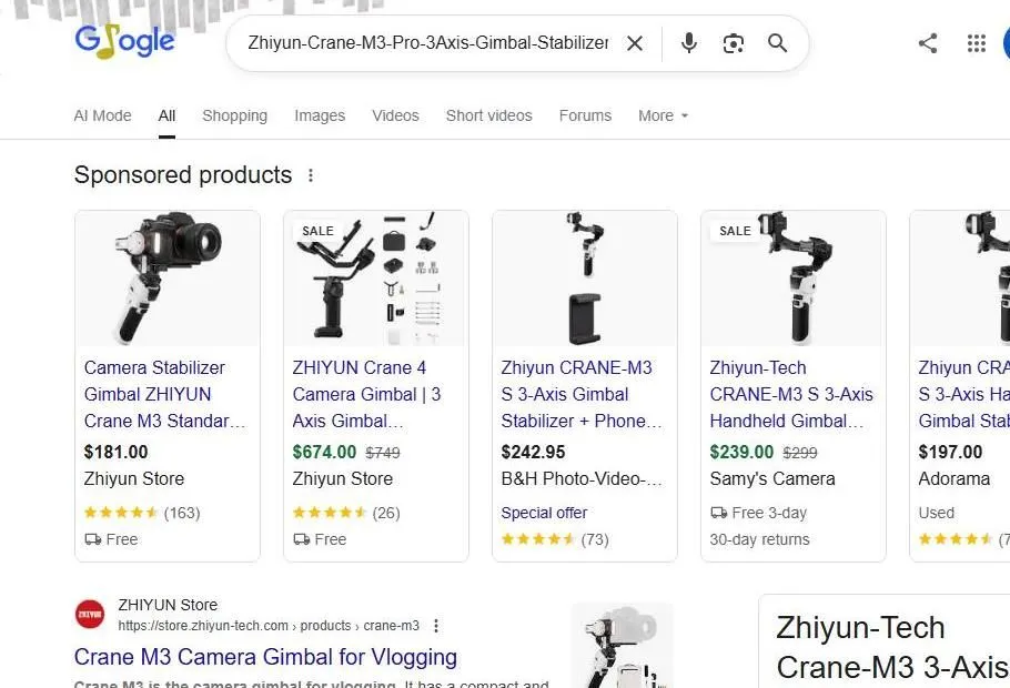 Google Search Results for Zhiyun Crane M3 Gimbal
