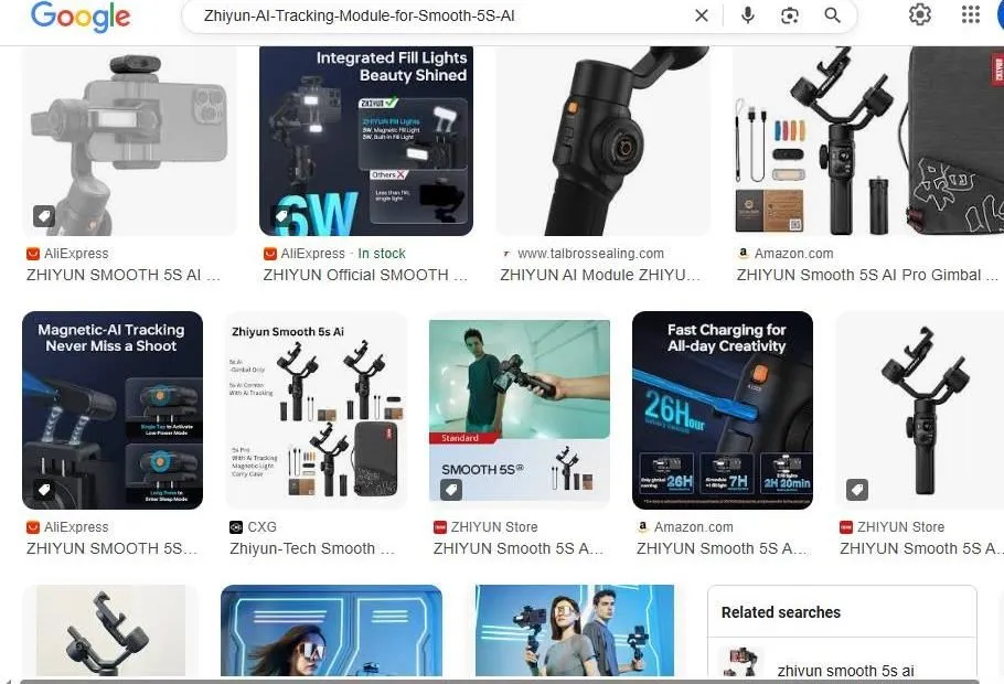 Google Search Results for Zhiyun Smooth 5S AI Gimbal