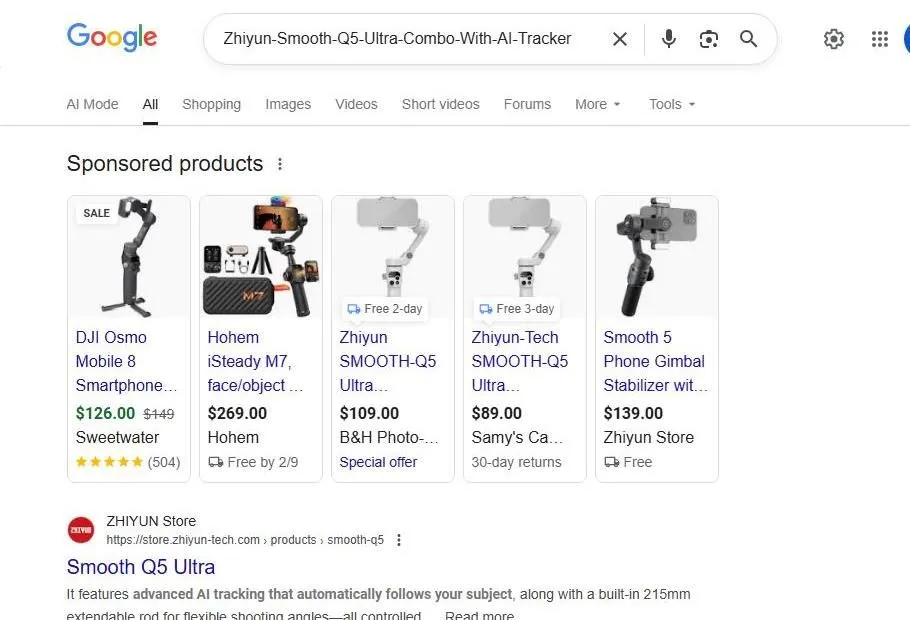 Google Search Results for Zhiyun Smooth Q5 Ultra Gimbal
