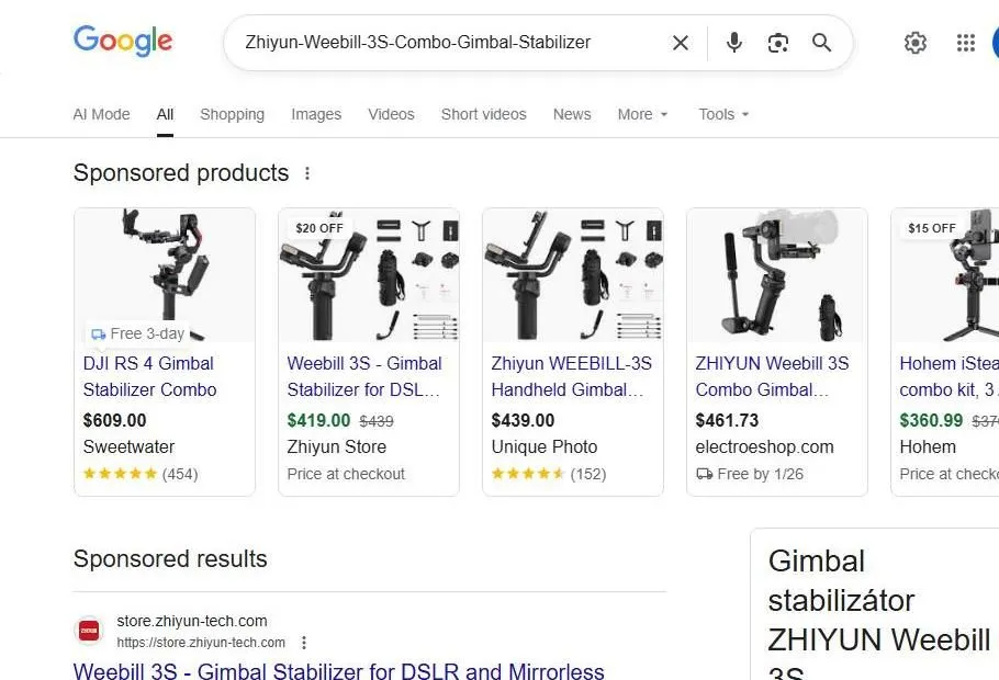 Google Search Results for Zhiyun Weebill 3S Gimbal