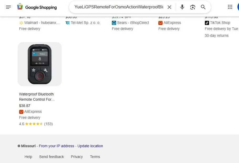 Google Shopping results for an Osmo Action Bluetooth remote control