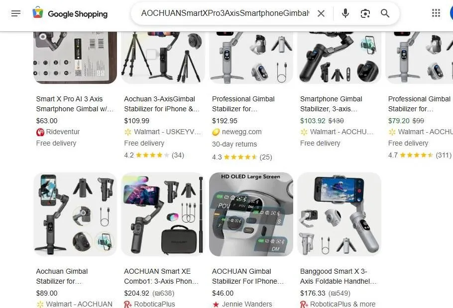 Google Shopping results for AOCHUAN Smart X Pro 3-Axis Smartphone Gimbal