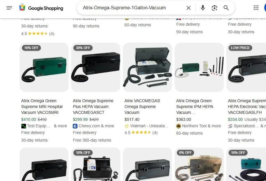 Google Shopping results for Atrix Omega Supreme vacuums
