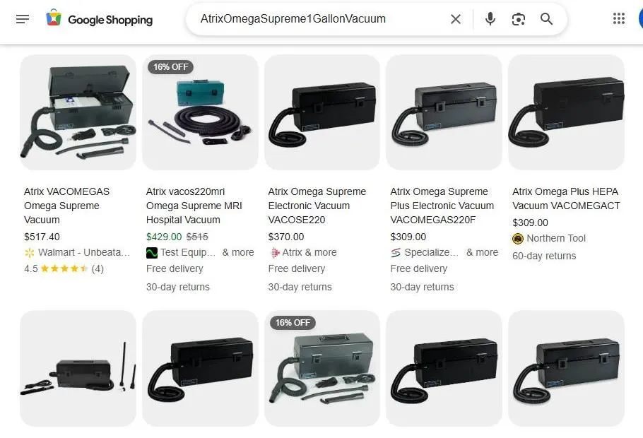 Google Shopping results for Atrix Omega Supreme vacuums