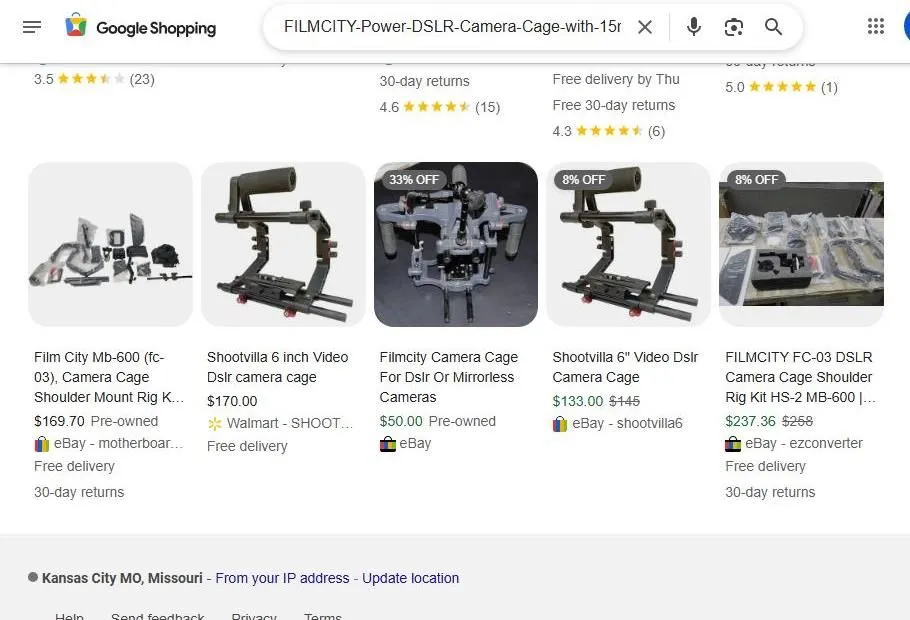 Google Shopping results for camera cages and rigs