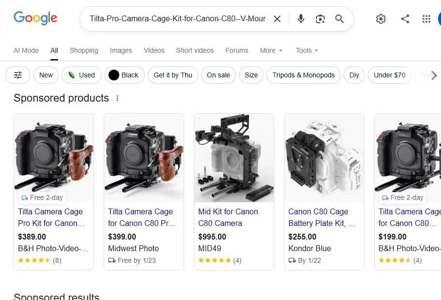 Google Shopping results for Canon C80 camera cages