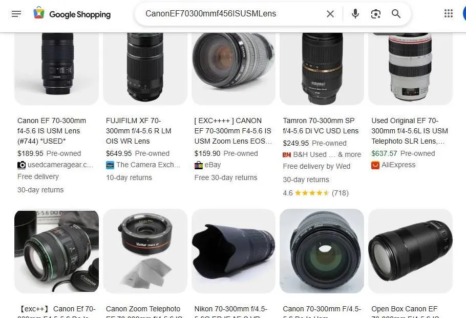 Google Shopping results for Canon EF 70-300mm lenses