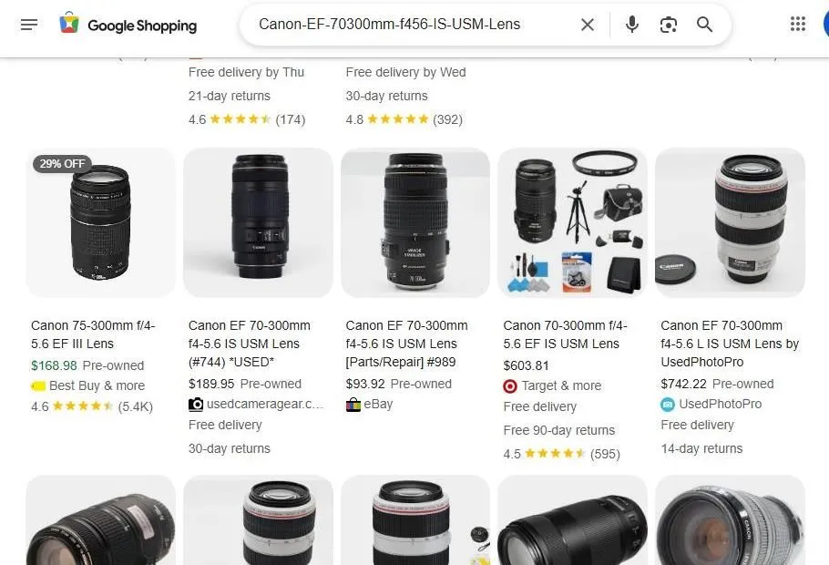 Google Shopping results for Canon EF 70-300mm lenses