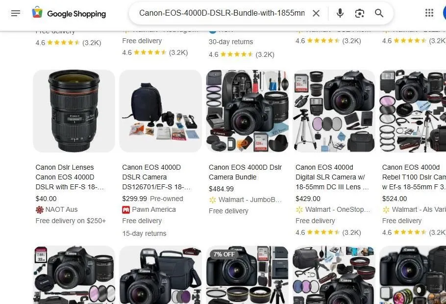 Google Shopping results for Canon EOS 4000D bundles