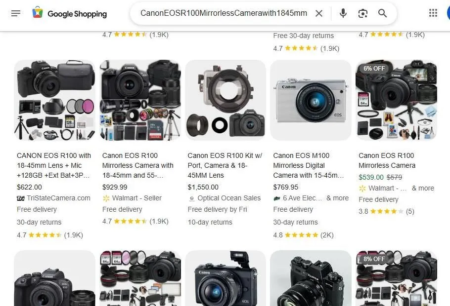 Google Shopping results for Canon EOS R100 camera