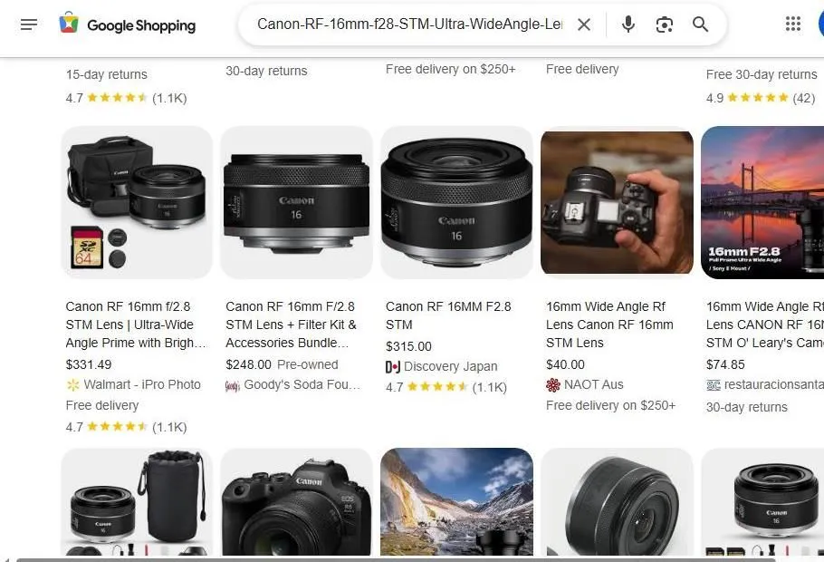 Google Shopping results for Canon RF 16mm lens
