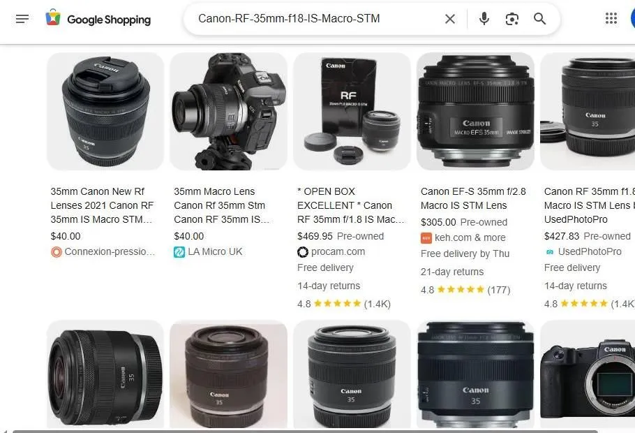Google Shopping results for Canon RF 35mm f/1.8 IS Macro STM lens