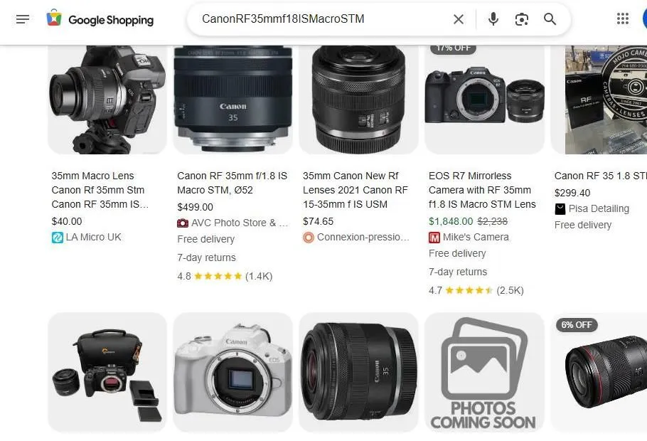 Google Shopping results for Canon RF 35mm f/1.8 Macro IS STM lens