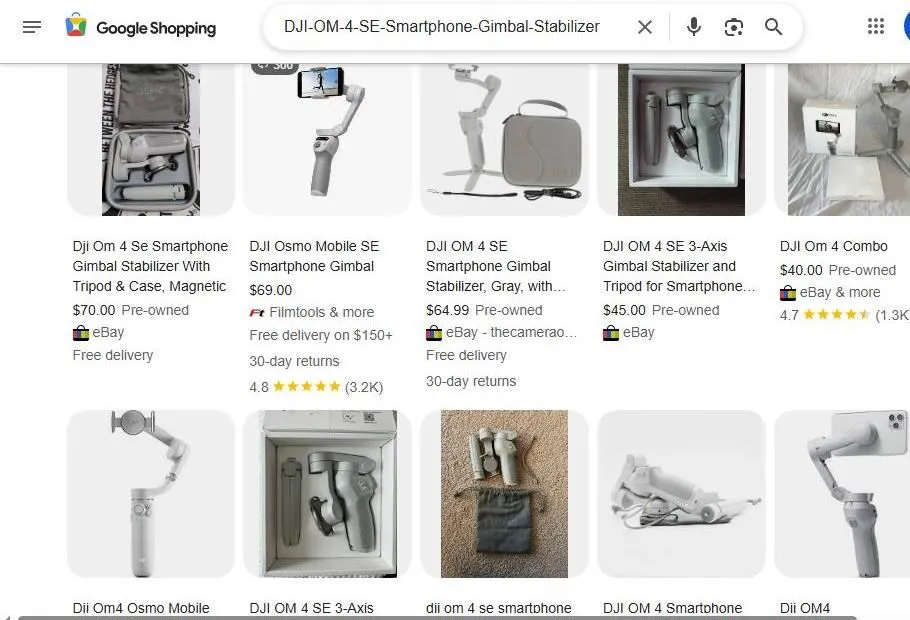 Google Shopping results for DJI OM 4 SE smartphone gimbals