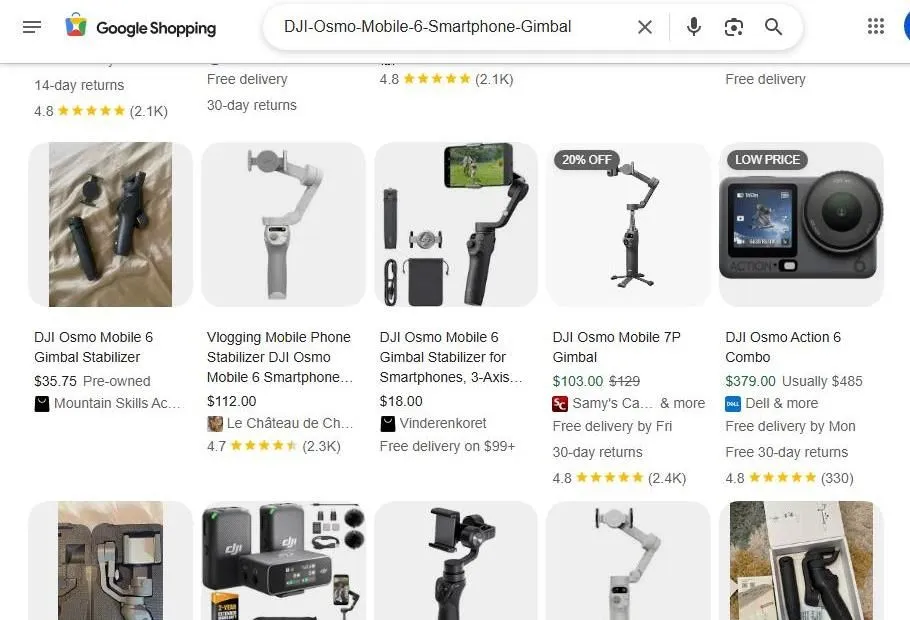 Google Shopping results for DJI Osmo Mobile 6 smartphone gimbal