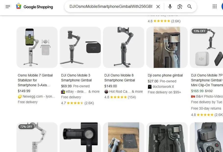 Google Shopping results for DJI Osmo Mobile smartphone gimbals