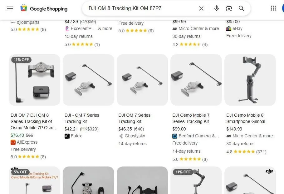 Google Shopping results for DJI Osmo Mobile tracking kits
