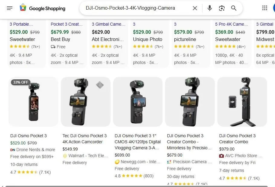 Google Shopping results for DJI Osmo Pocket 3