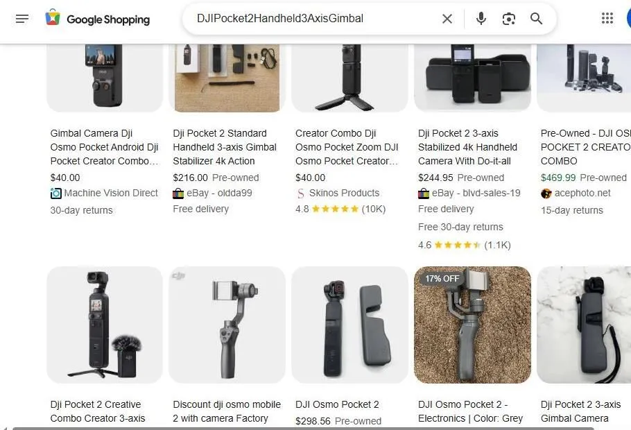 Google Shopping results for DJI Pocket 2 gimbal camera