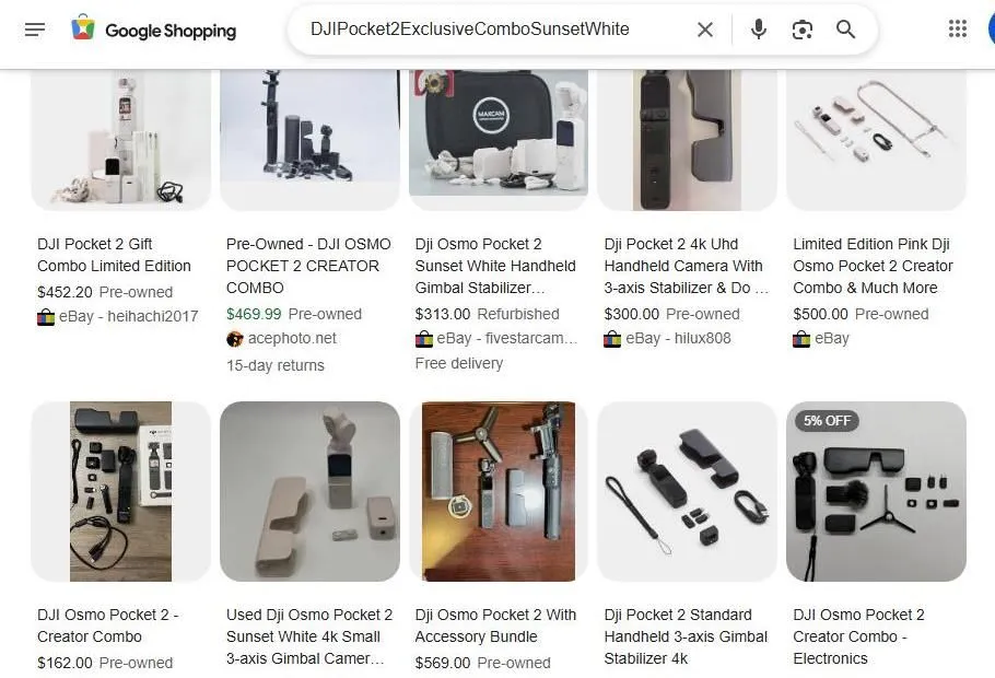 Google Shopping results for DJI Pocket 2 Sunset White