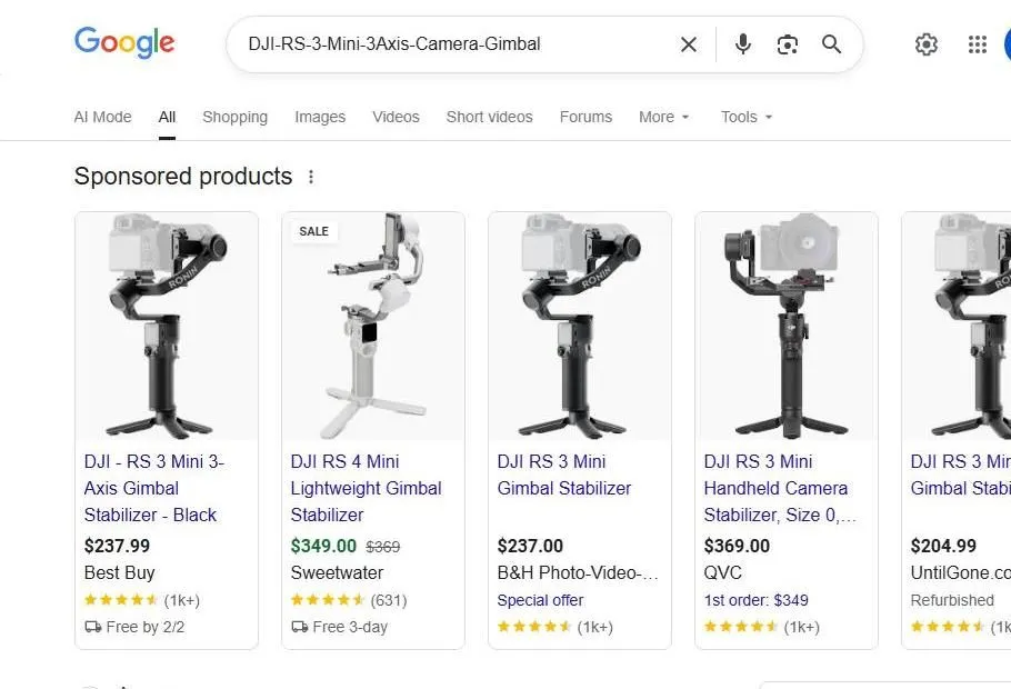 Google Shopping results for DJI RS 3 Mini gimbals