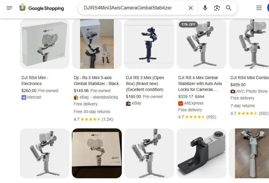 Google Shopping results for DJI RS 4 and RS 3 Mini gimbals