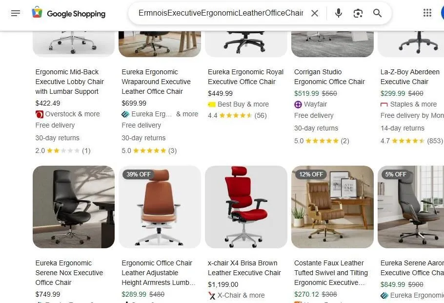 Google Shopping results for executive ergonomic leather office chairs