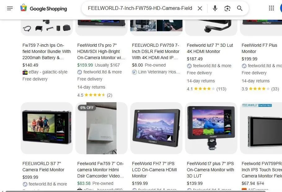 Google Shopping results for Feelworld 7 inch camera monitors