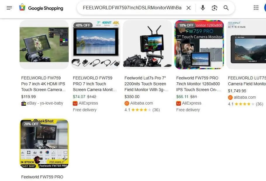 Google Shopping results for FEELWORLD camera monitors