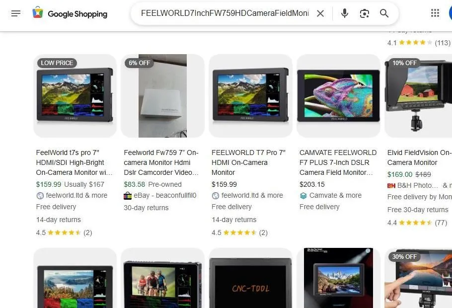 Google Shopping results for Feelworld camera monitors