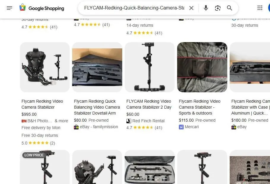 Google Shopping results for Flycam Redking camera stabilizers