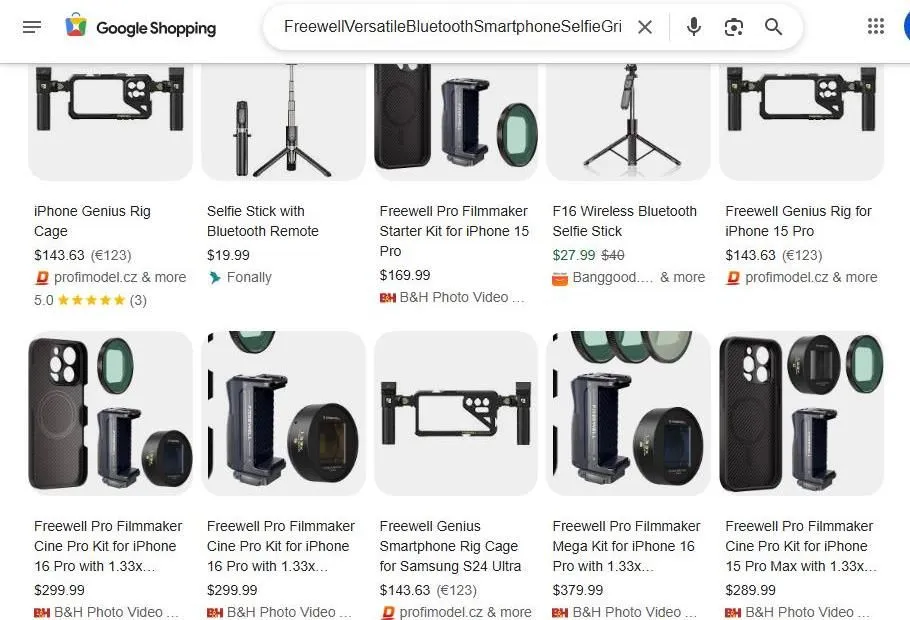 Google Shopping results for Freewell smartphone camera rigs and kits