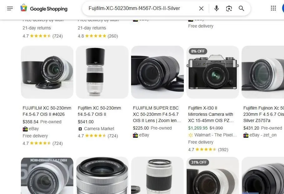 Google Shopping results for Fujifilm XC 50-230mm lens