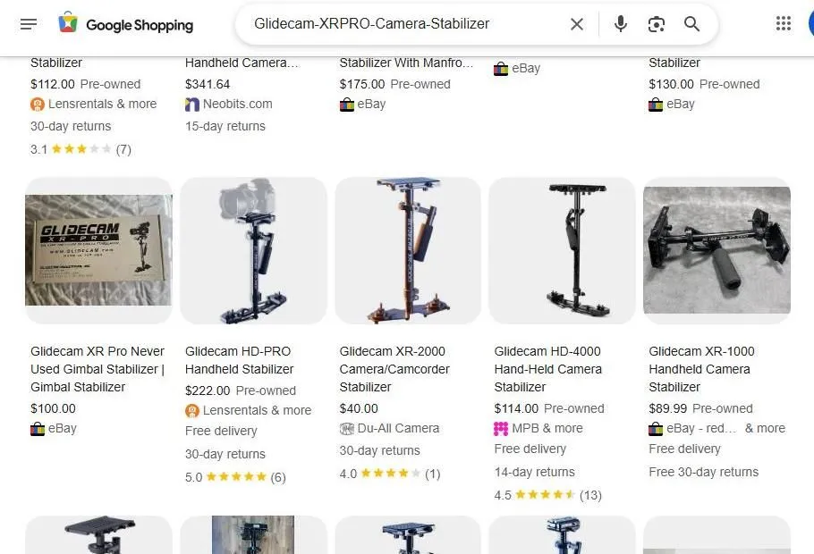 Google Shopping results for Glidecam camera stabilizers