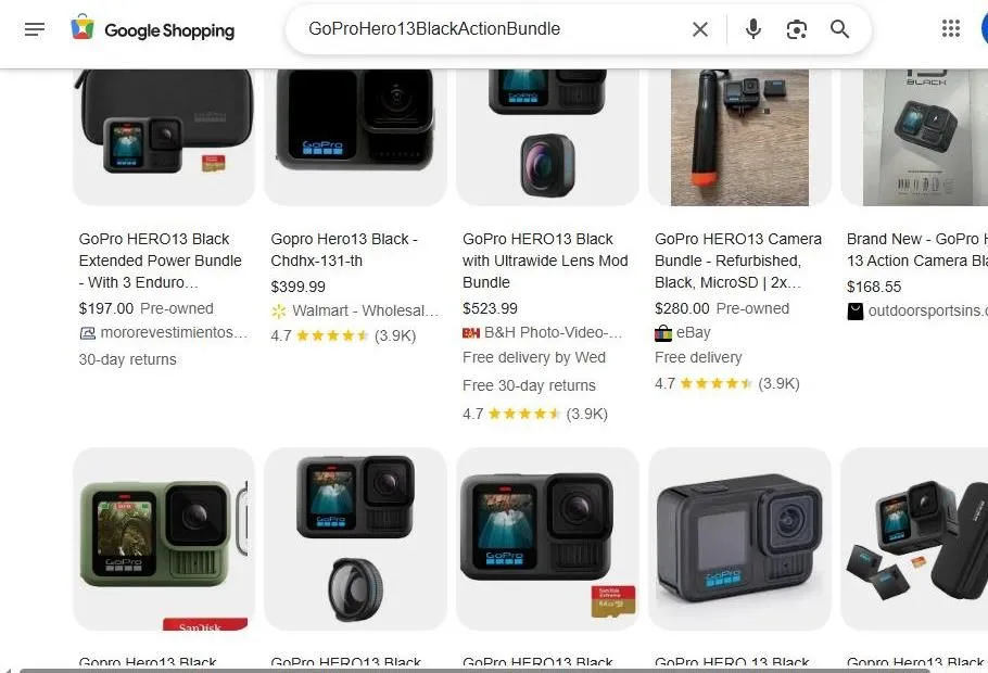 Google Shopping results for GoPro Hero 13 Black Action Bundle