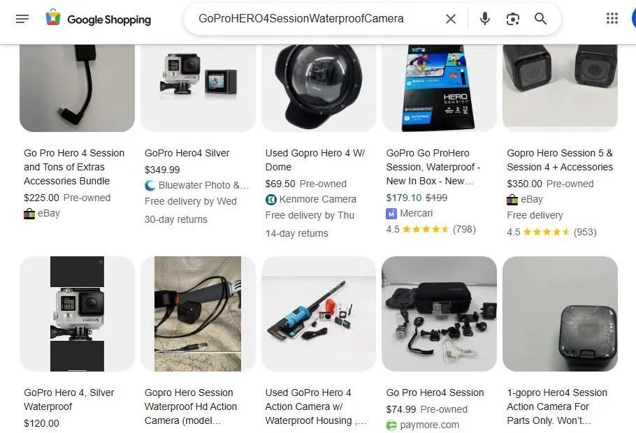 Google Shopping results for GoPro Hero 4 Session cameras