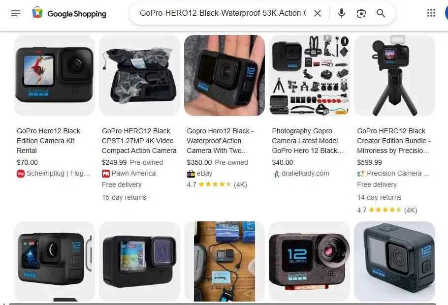 Google Shopping results for GoPro HERO12 Black camera