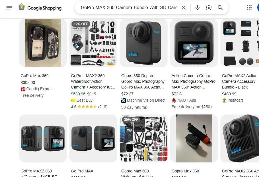 Google Shopping results for GoPro Max 360 camera