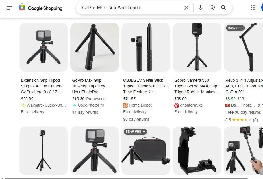 Google Shopping results for GoPro Max Grip and Tripod