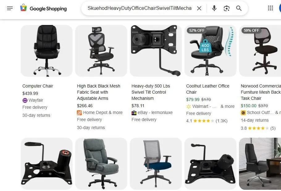 Google Shopping results for heavy duty office chairs and replacement tilt mechanisms