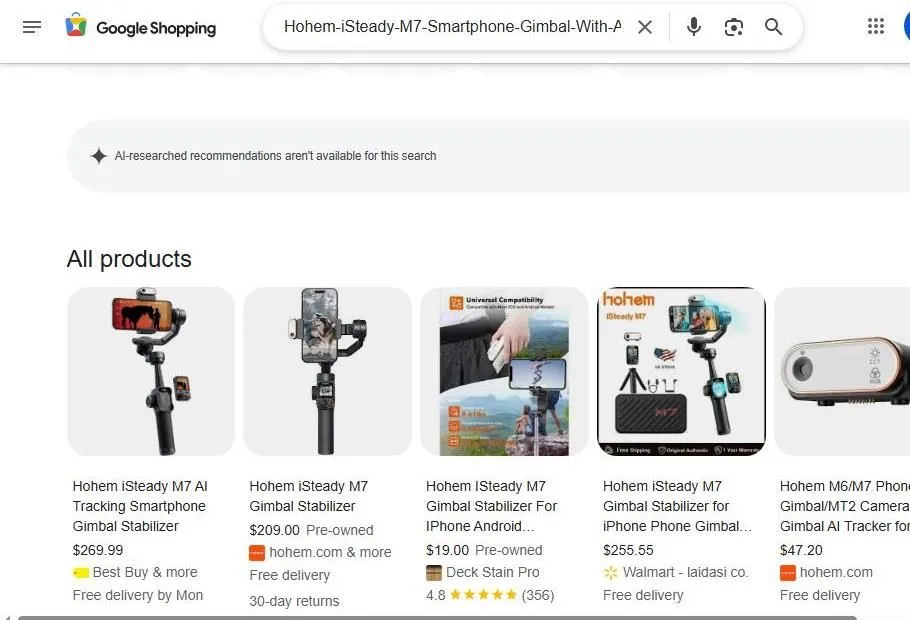 Google Shopping results for Hohem iSteady M7 gimbal