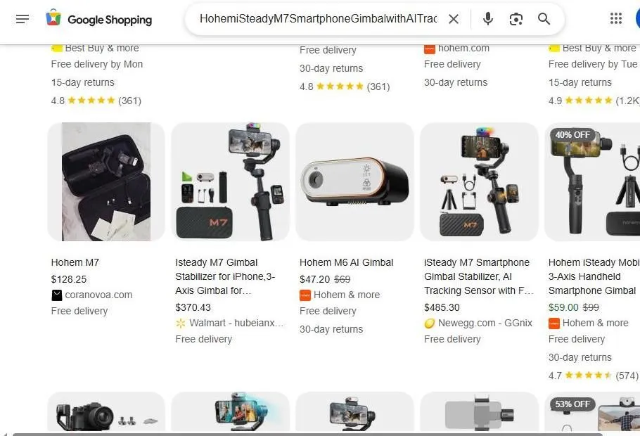 Google Shopping results for Hohem iSteady M7 smartphone gimbal