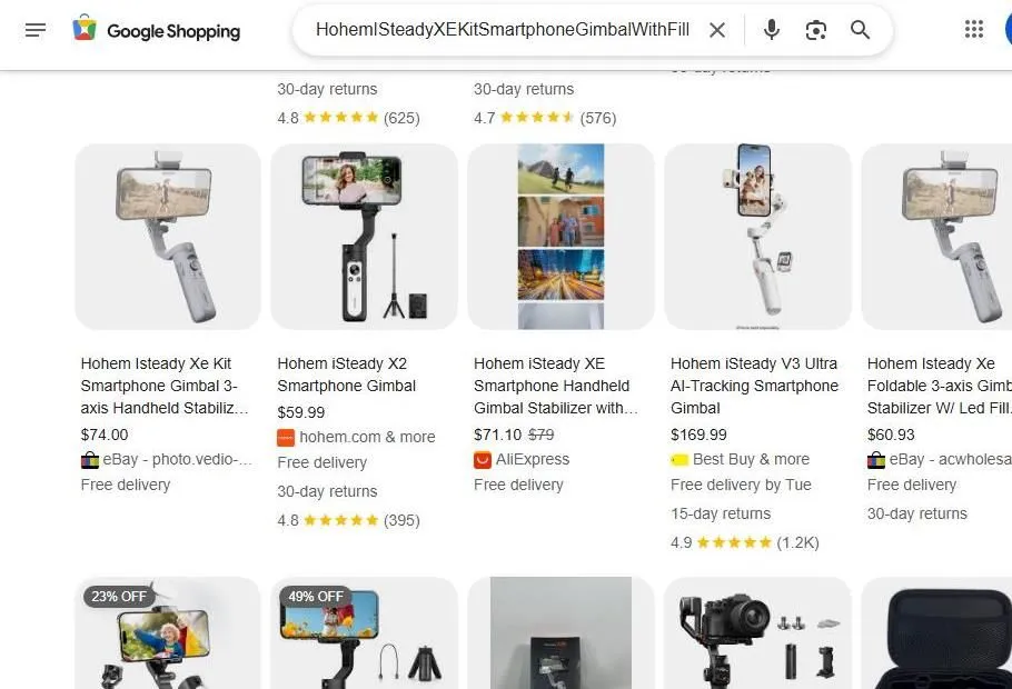 Google Shopping results for Hohem iSteady smartphone gimbals
