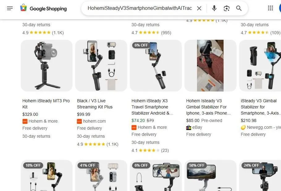 Google Shopping results for Hohem iSteady smartphone gimbals