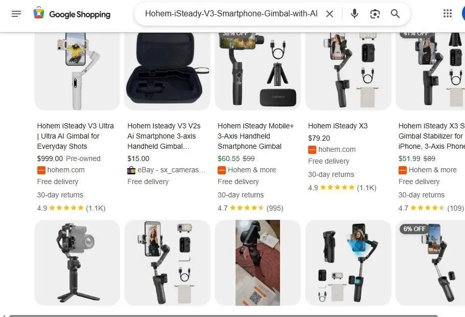 Google Shopping results for Hohem iSteady smartphone gimbals