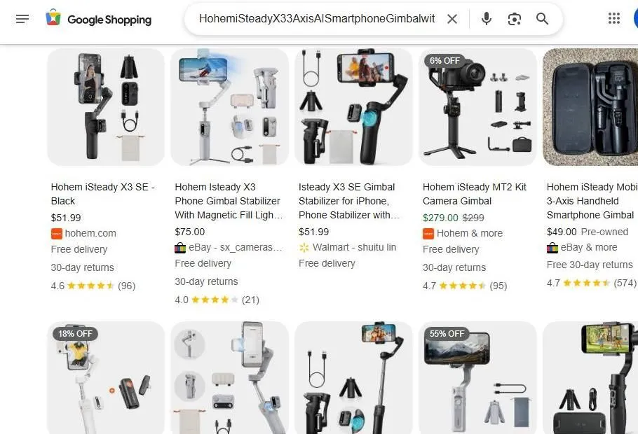 Google Shopping results for Hohem iSteady smartphone gimbals