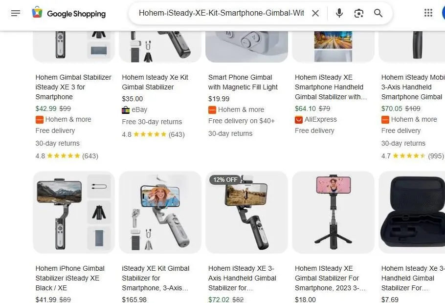 Google Shopping results for Hohem iSteady XE smartphone gimbals