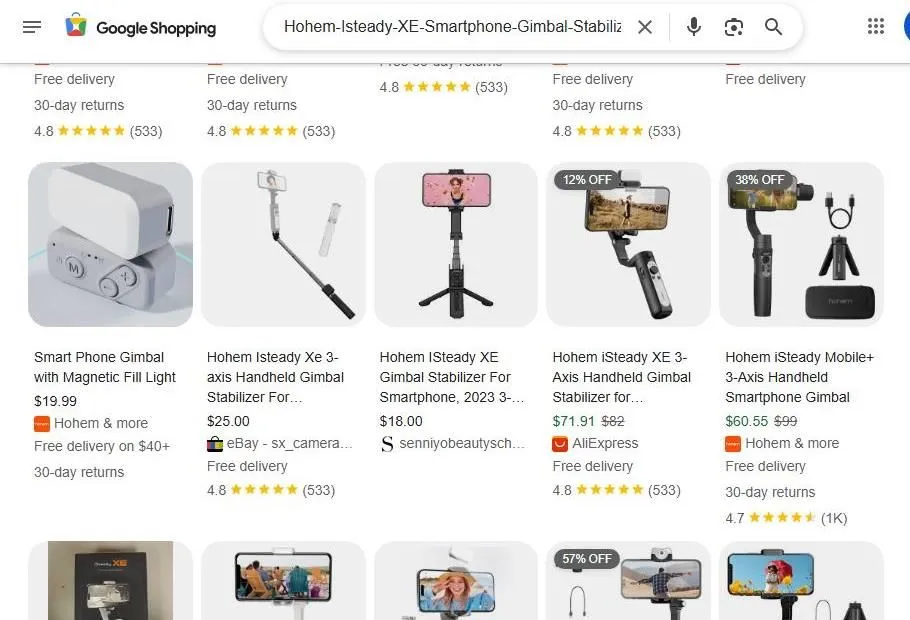 Google Shopping results for Hohem iSteady XE smartphone gimbals