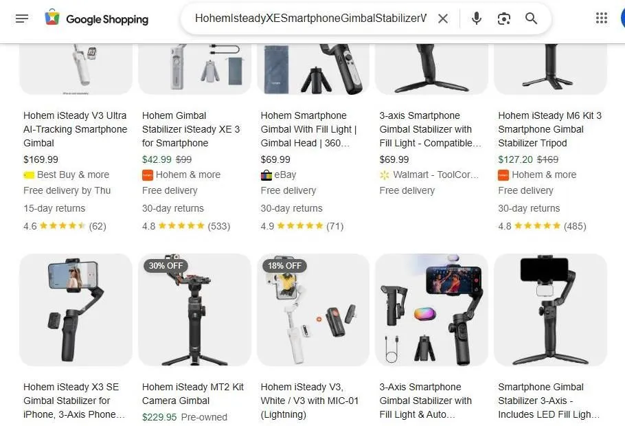 Google Shopping results for Hohem smartphone gimbals