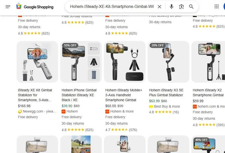 Google Shopping results for Hohem smartphone gimbals